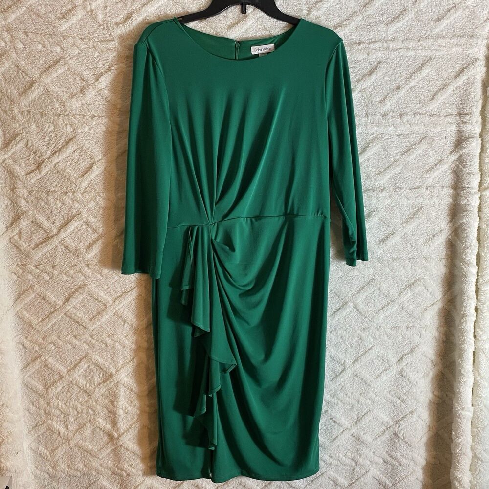 Calvin Klein Women's Emerald Green Long Sleeve Ruched Ruffle Dress